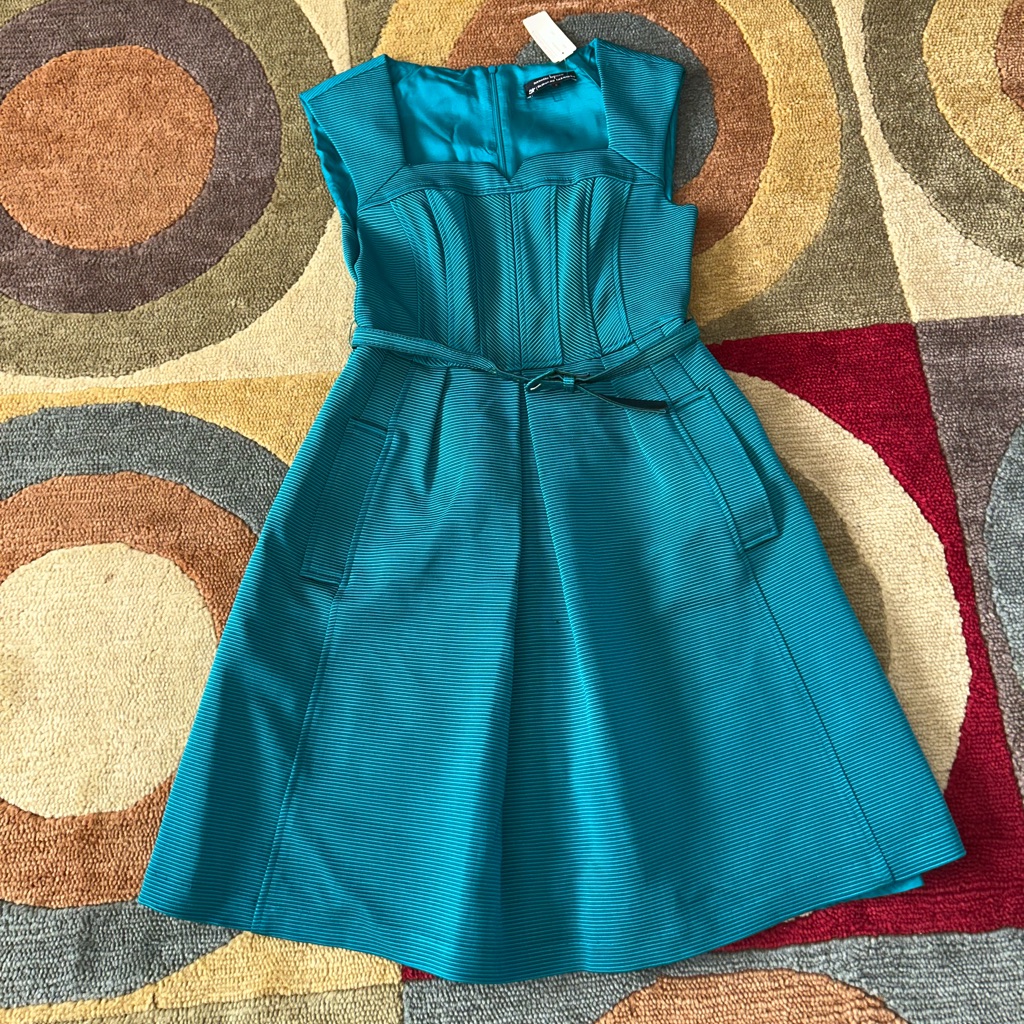 Nwt Nanette Lepore For Bergdorf Goodman Teal Dress Vintage Belted Square Neck 6
